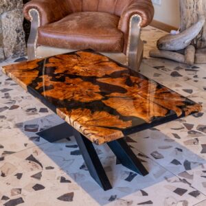 Foglia - Table basse en olivier & résine epoxy noire métallisée – Création d’exception